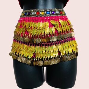 Belly Dance Hip Wrap Vibrant Pink with Colorful Gold Coins and Gems Belt